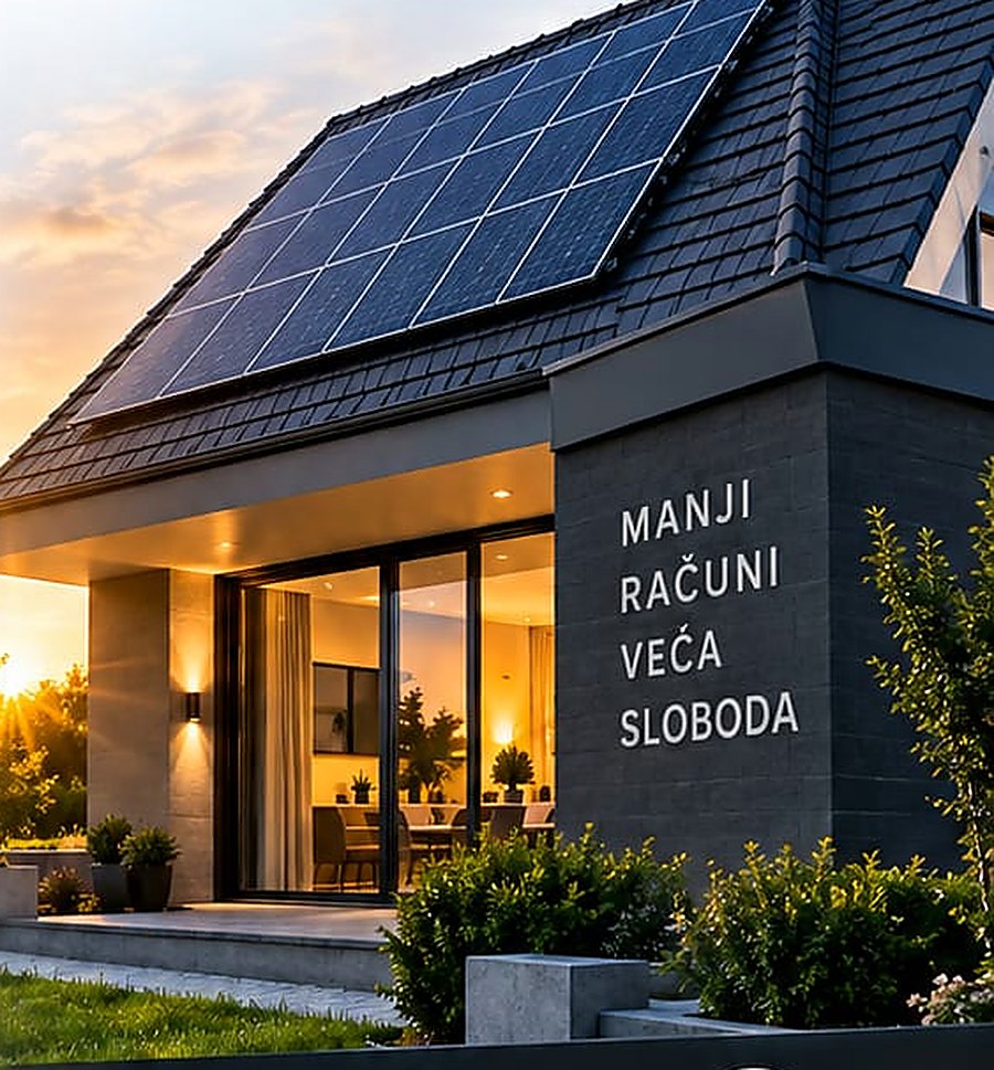 Moderna obiteljska kuća sa solarnim panelima na krovu u zalazak sunca